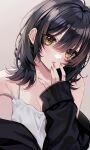  1girl black_hair black_jacket blush breasts camisole cleavage commentary ear_piercing fingernails hair_between_eyes highres jacket looking_at_viewer medium_breasts mole nail_polish original piercing simple_background upper_body wakatsuki_you white_camisole yellow_eyes 