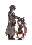  1boy 1girl absurdres bangs black_gloves black_hair black_headwear boo_tao_(genshin_impact) boots brown_hair flower genshin_impact ghost gloves gradient_hair hair_between_eyes hat hat_flower headpat height_difference highres hu_tao_(genshin_impact) long_hair long_sleeves low_twintails multicolored_hair open_mouth origami_gyokuo plum_blossoms red_eyes red_flower red_hair simple_background socks standing twintails white_background white_socks zhongli_(genshin_impact) 