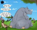  2024 absurd_res ahadi_(squashedflat) artist_logo big_butt blossonflower bodily_fluids butt butt_smother cloud english_text felid female feral group hi_res huge_butt hyena lion logo mammal outside pantherine paws quadruped rhinoceros sefira_(squashedflat) sitting_on_another size_difference sky smothering speech_bubble spotted_hyena sweat sweaty_butt tail text trio 