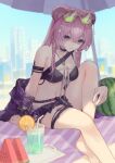  1girl absurdres animal_ears arknights arm_strap bangs bare_shoulders bikini black_bikini bracelet choker closed_mouth commentary cup drinking_glass drinking_straw eyewear_on_head food foot_out_of_frame fruit green-tinted_eyewear hair_between_eyes hair_ornament hairclip highres jewelry knee_up leg_ribbon lemon lemon_slice lin_yuhsia_(arknights) long_hair looking_at_viewer melon melon_slice miike_(992058) mouse_ears mouse_girl navel necklace official_alternate_costume outdoors parasol pink_eyes pink_hair ribbon sitting solo sunglasses swimsuit thigh_ribbon tinted_eyewear umbrella watermelon 