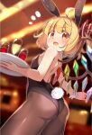  1girl ahoge alcohol animal_ears ass back bangs bar_(place) bare_back bare_shoulders blonde_hair blush breasts chinese_zodiac crystal drink embodiment_of_scarlet_devil fake_animal_ears flandre_scarlet from_behind highres holding holding_tray leotard looking_back moja_(moja4192) open_mouth pantyhose playboy_bunny rabbit_ears rabbit_tail red_eyes red_ribbon ribbon short_hair shoulder_blades sleeveless small_breasts solo strapless strapless_leotard tail thighs touhou tray wings year_of_the_rabbit 
