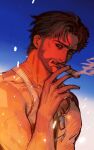  1boy amuii brown_hair cigar dog_tags english_commentary facial_hair head_tilt holding holding_cigar looking_at_viewer male_focus marvel mouth_hold muscular muscular_male pectorals short_hair sleeveless smoke smoking solo tank_top teeth white_tank_top wolverine_(x-men) x-men x-men_film_series x-men_origins:_wolverine 