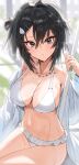  1girl arknights bangs bare_shoulders bikini black_eyes black_hair breasts commentary_request hair_between_eyes hand_up highres horn/wood jacket la_pluma_(arknights) la_pluma_(summer_flowers)_(arknights) large_breasts long_sleeves looking_at_viewer navel off_shoulder official_alternate_costume open_clothes open_jacket parted_lips short_hair solo stomach swimsuit thighs white_bikini white_jacket 