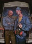  2boys bald beanie beard blue_jacket blue_pants breaking_bad brown_pants crossed_arms facial_hair gas_mask glasses grey_eyes grey_shirt hat highres jacket jesse_pinkman male_focus mask multiple_boys pants shirt sunnnliwx walter_white yellow_shirt 