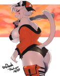 2020 4:5 5_fingers anthro backwards_baseball_cap backwards_hat band-aid band-aid_on_face bandage bandage_on_face baseball_bat baseball_cap bat_(object) big_breasts bikini bikini_top black_text bottomwear breasts butt clothed clothed_anthro clothed_female clothing dated digital_media_(artwork) english_text felid female female_anthro fingers frankie_(extremedash) fur furgonomic_bottomwear furgonomics hair hat headgear headwear hi_res holding_baseball_bat hotpants jacket lion looking_at_viewer looking_back looking_back_at_viewer mammal mid_skb narrowed_eyes orange_clothing orange_jacket orange_topwear pantherine pink_nose portrait rear_view shorts smile smirk snaggle_tooth solo sunset swimwear tail text thigh_pouch three-quarter_portrait three-quarter_view topwear two-piece_swimsuit white_body white_fur white_hair white_tail