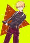  1boy blonde_hair closed_mouth dankira!!! geta_(epicure_no12) green_eyes highres long_sleeves looking_at_viewer male_focus miki_nozomu mole mole_under_eye multicolored_background orange_background pants short_hair smile solo suspenders yellow_background 
