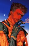  1boy amuii beard blue_gloves bodysuit brown_hair cigar deadpool_&amp;_wolverine deadpool_(series) english_commentary facial_hair gloves green_eyes head_tilt holding looking_at_viewer male_focus marvel marvel_cinematic_universe mouth_hold muscular muscular_male pectorals short_hair smoke smoking solo superhero_costume teeth wolverine_(x-men) x-men yellow_bodysuit 