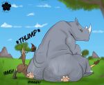  2024 absurd_res ahadi_(squashedflat) artist_logo big_butt blossonflower bodily_fluids butt butt_smother cloud english_text felid female female/female feral group hi_res huge_butt hyena lion logo mammal outside pantherine paws quadruped rhinoceros sefira_(squashedflat) sitting_on_another size_difference sky smothering speech_bubble spotted_hyena sweat sweaty_butt tail text trio 