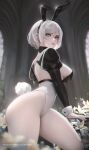  1girl animal_ears back_cutout bangs blue_eyes blurry blurry_background breasts cinderone clothing_cutout fake_animal_ears flower from_side highleg highleg_leotard highres juliet_sleeves leotard long_sleeves looking_at_viewer medium_breasts mole mole_under_mouth nier_(series) nier_automata puffy_sleeves rabbit_ears rabbit_tail short_hair solo tail white_hair yorha_no._2_type_b 