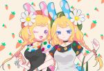  2girls animal_crossing animal_ears artist_name bangs beret black_choker black_dress black_shirt blonde_hair bracelet braid breasts carrot cellphone choker chrissy_(animal_crossing) clenched_hand collarbone colored_eyelashes commentary_request daisy dress earrings flower flower_earrings francine_(animal_crossing) green_headwear hair_flower hair_ornament hand_up hat highres holding holding_phone humanization jewelry keychain kirumin locked_arms long_hair looking_at_viewer medium_breasts multiple_girls one_eye_closed outline partial_commentary phone polka_dot polka_dot_shirt purple_eyes rabbit_ears rabbit_girl rabbit_tail red_choker red_headwear shiny_hair shirt siblings sidelocks signature sisters sleeveless sleeveless_dress smartphone spaghetti_strap standing swept_bangs tail twin_braids twintails upper_body white_dress white_flower white_outline white_shirt yellow_background 