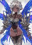  1girl armor ass_visible_through_thighs bare_shoulders black_thighhighs blue_eyes breasts covered_navel dark_skin facial_mark fairy halterneck highres large_breasts looking_at_viewer original pointy_ears sabamisob see-through sidelocks simple_background solo thigh_gap thighhighs white_background white_hair wide_hips wings 