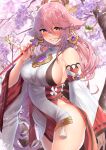  1girl animal_ears blush breasts cherry_blossoms cowboy_shot detached_sleeves floppy_ears fox_ears genshin_impact grin highres kawai_(purplrpouni) large_breasts long_hair looking_at_viewer nontraditional_miko pink_hair sideboob smile solo tassel thighs tree white_sleeves yae_miko 