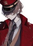  1boy absurdres black_necktie brown_eyes brown_hair coat collared_shirt commentary_request cropped_torso crown_print dorq_(kvv20o) earrings expressionless hair_over_shoulder hat head_tilt highres jewelry kagami_hayato kepi long_hair looking_at_viewer male_focus military_hat necktie nijisanji red_coat red_headwear shirt simple_background solo undershirt upper_body virtual_youtuber white_background white_shirt 