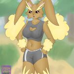  absurd_res annoyed anthro belly big_breasts bottomwear breasts brown_body brown_fur catchthegrass cleavage_cutout clothed clothing erect_nipples female floppy_ears fluffy fur generation_4_pokemon grey_clothing hands_on_hips hi_res hotpants lagomorph leporid looking_at_viewer lopunny mammal nintendo nipple_outline nipples outside park pink_eyes pokemon pokemon_(species) rabbit shorts solo tall 