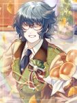  1boy :d aoba_tsumugi basket beads blue_hair blue_necktie blurry blurry_background bow bread bread_bun collared_shirt english_commentary ensemble_stars! falling_leaves food framed ginkgo_leaf glasses green_jacket hair_between_eyes highres holding holding_basket jacket lapel_pin lapels leaf light_particles looking_at_viewer male_focus mixed-language_commentary necktie notched_lapels official_alternate_costume plant shirt short_hair smile solja solo thai_commentary tie_clip upper_body white_hair yellow_eyes 