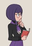  1girl alternate_costume ascot bangs black_sweater blunt_bangs book closed_mouth commentary elizabeth_(tomas21) fingernails glasses grey_background hand_up highres holding holding_book holding_pen long_sleeves pen pleated_skirt pokemon pokemon_(game) pokemon_bw purple_ascot purple_eyes purple_hair purple_skirt semi-rimless_eyewear shauntal_(pokemon) short_hair simple_background skirt smile solo sweater thinking turtleneck turtleneck_sweater 