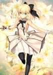  1girl ahoge artoria_pendragon_(fate) bare_shoulders black_bow black_pantyhose blonde_hair bow bowtie breasts caliburn_(fate) cleavage detached_collar dress eyes_visible_through_hair fate/grand_order fate_(series) feet_out_of_frame flower gloves green_eyes hair_between_eyes hair_bow holding holding_sword holding_weapon leg_up lily_(flower) looking_at_viewer name_connection object_namesake official_art pantyhose ponytail saber_lily sleeveless small_breasts smile solo standing sword takeuchi_takashi third-party_source weapon white_dress white_flower white_gloves white_lily 