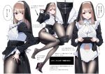  1girl :o audible_speech black_footwear black_pantyhose black_veil blush clothing_cutout high_heels kneeling kuro_(toi_et_moi) leotard lifting_own_clothes light_brown_hair long_hair long_sleeves looking_at_viewer looking_back looking_to_the_side nail_polish navel navel_cutout nun open_mouth original pantyhose red_eyes reference_sheet sitting sound thighband_pantyhose veil white_leotard yokozuwari 