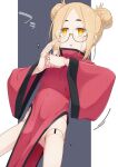  1girl blonde_hair braid china_dress chinese_clothes commentary_request doll_joints double_bun dress glasses grey_background hair_bun highres iberis_(ogami_kazuki) joints long_sleeves looking_away ogami_kazuki original palm-fist_greeting parted_lips pelvic_curtain red_dress sidelocks solo two-tone_background white_background wide_sleeves 