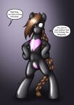  &lt;3 2023 black_bodysuit bodysuit braided_hair braided_ponytail brown_hair clothing danaume dialogue earth_pony english_text equid equine feral friendship_is_magic front_view glistening glistening_body hair hair_over_eye hands_on_own_hips hasbro hi_res horse latex lock_bulge lock_symbol long_hair male mammal my_little_pony null_bulge offscreen_character one_eye_obstructed pony ponytail pose semi-anthro simple_background skinsuit solo speech_bubble standing standing_on_hind_legs text tight_clothing 