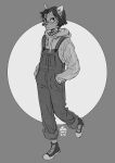  2019 anthro azuza clothed clothing dated felid full-length_portrait hair hand_in_pocket hi_res hoodie looking_at_viewer male mammal monochrome mouth_closed overalls pockets portrait short_hair signature simple_background solo standing topwear 