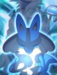  1boy blurry cape closed_eyes commentary_request facing_viewer glowing highres lucario male_focus monaka_(hc_pkmn) pokemon pokemon:_lucario_and_the_mystery_of_mew pokemon_(anime) pokemon_(creature) pokemon_rse_(anime) sir_aaron spiked_hair spikes staff twitter_username yellow_fur 