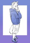  absurd_res anthro azuza blue_border blue_clothing blue_footwear blue_hoodie blue_shoes blue_theme blue_topwear blush border bottomwear canid cheek_tuft clothed clothing ear_piercing ear_stud facial_tuft footwear full-length_portrait hair hi_res hoodie inner_ear_fluff male mammal messy_hair mouth_closed partially_colored piercing portrait shoes short_hair shorts side_view signature simple_background solo standing topwear tuft 