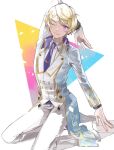 1boy blonde_hair blue_background closed_mouth dankira!!! geta_(epicure_no12) highres looking_at_viewer male_focus multicolored_background one_eye_closed orange_background purple_background purple_eyes shido_akira smile solo triangle white_background 