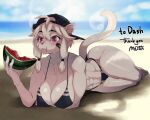 2020 5:4 abs anthro arm_under_breasts backwards_baseball_cap backwards_hat band-aid band-aid_on_face bandage bandage_on_face baseball_cap beach big_breasts bikini bikini_bottom bikini_top black_text bodily_fluids breasts clothed clothed_anthro clothed_female clothing cloud dated day digital_drawing_(artwork) digital_media_(artwork) eating_watermelon eyebrow_through_hair eyebrows felid female female_anthro fingers food frankie_(extremedash) fruit full-length_portrait fur hair hat headgear headwear lens_flare lion lying mammal melon mid_skb muscular muscular_anthro muscular_female on_front pantherine plant portrait sand sea seaside signature sky solo sweat swimwear tail text tied_hair translucent translucent_hair two-piece_swimsuit water watermelon watermelon_slice white_body white_ears white_face white_fur white_hair white_tail