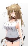  1girl ? animal_ears arknights bangs bare_arms bare_shoulders black_choker breasts brown_eyes brown_hair brown_shorts choker cleavage commentary_request cowboy_shot cutoffs gradient gradient_background grey_background hair_between_eyes highres horn/wood large_breasts lion_ears long_hair looking_at_viewer short_shorts shorts siege_(arknights) solo spoken_question_mark standing tank_top thighs white_tank_top 