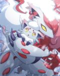  :o blurry bright_pupils claws commentary evolutionary_line fang highres hisuian_zoroark hisuian_zorua holding holding_pokemon monaka_(hc_pkmn) open_mouth outdoors pokemon pokemon_(creature) snowing symbol-only_commentary twitter_username watermark white_pupils yellow_eyes 