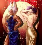  166_172 2girls adjusting_hair alternate_costume alternate_hairstyle animal_ears back backless_dress backless_outfit bare_arms bare_shoulders blue_dress boku_no_hero_academia breasts carrot commentary_request confetti dark-skinned_female dark_skin dress facing_away gold_dress hair_bun hand_on_own_hip highres holding holding_carrot korean_commentary lady_nagant long_eyelashes long_hair looking_at_viewer median_furrow medium_breasts mirko multicolored_hair multiple_girls muscular muscular_female parted_bangs pink_hair purple_hair rabbit_ears rabbit_girl red_eyes sleeveless_turtleneck_dress smile thighs toned_female two-tone_hair white_hair 