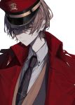  1boy absurdres black_necktie brown_eyes brown_hair coat collared_shirt commentary_request cropped_torso crown_print dorq_(kvv20o) earrings expressionless hat head_tilt highres jewelry kagami_hayato kepi looking_at_viewer male_focus military_hat necktie nijisanji red_coat red_headwear shirt short_hair simple_background solo undershirt upper_body virtual_youtuber white_background white_shirt 