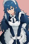  1girl apron bangs blue_eyes blue_hair blush brown_background commentary english_commentary fire_emblem fire_emblem_awakening grin hair_between_eyes highres juliet_sleeves leaning_forward long_hair long_sleeves lucina_(fire_emblem) maid maid_apron maid_headdress puffy_sleeves simple_background smgold smile solo teeth twitter_username 