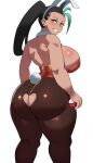  1girl animal_ears ass back black_hair blush breasts brown_pantyhose butt_crack clothing_cutout cowboy_shot curvy detached_collar fake_animal_ears fake_tail from_behind green_hair grin heart_cutout highres holding holding_poke_ball huge_breasts kneepits leotard long_hair looking_at_viewer looking_back multicolored_hair nemona_(pokemon) orange_eyes orange_leotard outline pantyhose playboy_bunny plump poke_ball pokemon pokemon_(game) pokemon_sv ponytail rabbit_ears rabbit_tail shiny_clothes shiny_legwear shiny_skin simple_background smile solo strapless strapless_leotard streaked_hair tail thick_thighs thighs torn_clothes torn_pantyhose very_long_hair white_background ytrall 