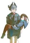  2girls amiya_(arknights) animal_ears arknights bird_girl black_feathers black_footwear black_gloves black_pantyhose brown_hair cable carrying carrying_person closed_eyes commentary electric_plug electric_plug_tail extra_arms feathers finger_to_mouth flower gloves grey_hair hair_flower hair_ornament head_wings highres infection_monitor_(arknights) jewelry kuthi0510 multiple_girls multiple_rings pantyhose pink_gloves rabbit_ears raidian_(arknights) ring short_hair shushing sleeping smile tail two-tone_gloves white_background wings 