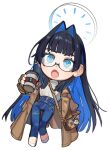  1girl bag bangs blue_eyes blue_hair blunt_bangs chibi coffee_cup cup disposable_cup eus_ing fang full_body glasses halo handbag holding holding_cup hololive hololive_english long_hair looking_at_viewer official_alternate_costume official_alternate_hair_length official_alternate_hairstyle open_mouth ouro_kronii simple_background skin_fang solo tongue very_long_hair virtual_youtuber white_background 