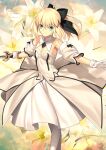  1girl ahoge artoria_pendragon_(fate) bare_shoulders black_ribbon blonde_hair breasts caliburn_(fate) cleavage detached_collar detached_sleeves dress eyes_visible_through_hair fate/grand_order fate_(series) feet_out_of_frame flower gloves green_eyes hair_between_eyes hair_ribbon holding holding_sword holding_weapon lily_(flower) looking_at_viewer name_connection object_namesake official_art pantyhose ponytail ribbon saber_lily sleeveless small_breasts smile solo standing sword takeuchi_takashi third-party_source weapon white_dress white_flower white_gloves white_lily white_pantyhose white_sleeves 