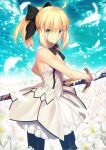  1girl ahoge artoria_pendragon_(fate) bare_shoulders black_bow blonde_hair blue_pantyhose bow bowtie breasts caliburn_(fate) cleavage cloud cloudy_sky cowboy_shot day detached_collar dress eyes_visible_through_hair fate/grand_order fate_(series) field fighting_stance flower flower_field gloves green_eyes hair_between_eyes hair_bow holding holding_sheath holding_sword holding_weapon lily_(flower) looking_at_viewer medium_hair name_connection object_namesake official_art outdoors pantyhose petals ponytail ready_to_draw saber_lily sheath sheathed sideboob sky sleeveless small_breasts smile solo standing sword takeuchi_takashi third-party_source weapon white_dress white_flower white_gloves white_lily white_petals 