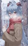  1girl :o absurdres alternate_costume breath brown_coat coat contemporary fringe_trim ganyu_(genshin_impact) genshin_impact highres junkt729 looking_at_viewer open_mouth outdoors rain red_scarf scarf snow solo winter winter_clothes 