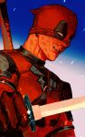  1boy amuii bodysuit deadpool deadpool_&amp;_wolverine deadpool_(series) english_commentary gloves holding holding_sword holding_weapon katana male_focus marvel marvel_cinematic_universe mask mask_lift muscular muscular_male pectorals red_bodysuit red_mask scar scars_all_over smirk solo superhero_costume sword teeth weapon 