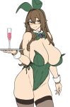  1girl bangs bare_shoulders breasts brown_hair brown_haired_glasses_elf_(houtengeki) cleavage closed_mouth covered_navel elf glasses green_eyes green_hairband green_leotard hairband highleg highleg_leotard highres holding holding_tray houtengeki large_breasts leotard long_hair looking_at_viewer original playboy_bunny pointy_ears simple_background smile solo thighhighs tray white_background wrist_cuffs 