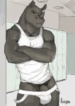  2018 anthro arm_tattoo biceps clothing crossed_arms deltoids fonyaa frown genitals horn inside jockstrap locker locker_room looking_at_viewer male mammal manly muscular partially_exposed_penis pecs penis pubes rhinoceros ryan_carthage scowl shirt solo standing tank_top tattoo topwear triceps underwear white_clothing white_jockstrap white_shirt white_tank_top white_topwear white_underwear 