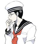  1boy ace_attorney black_hair covering_mouth glasses hand_over_own_mouth hat long_sleeves looking_at_viewer male_focus minashirazu neckerchief profile red_neckerchief sailor_collar satoru_hosonaga school_uniform serafuku shirt short_hair simple_background solo the_great_ace_attorney uniform upper_body white_background white_shirt 