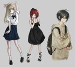  1boy 2girls ahoge akamatsu_kaede alternate_costume animal arm_up bangs bare_arms bare_shoulders black_bow black_bowtie black_dress black_footwear black_skirt blonde_hair bow bowtie brown_bag brown_eyes brown_hair brown_hoodie cat closed_mouth collarbone danganronpa_(series) danganronpa_v3:_killing_harmony dress frown grey_background hair_ornament hairclip highres holding holding_animal holding_cat hood hood_down hoodie long_hair monokuma multiple_girls pleated_skirt red_hair saihara_shuuichi shiny_hair shirt shirt_tucked_in shoes short_hair simple_background skirt socks tejava_(te_java_v3) white_shirt white_socks yumeno_himiko 