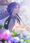  1623 1boy brown_eyes dankira!!! facing_to_the_side flower hydrangea japanese_clothes long_hair looking_up male_focus minamoto_mitsukuni oil-paper_umbrella open_mouth pink_flower purple_flower purple_hair rain side_ponytail solo umbrella water_drop 