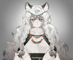  1girl animal_ear_fluff animal_ears arknights bead_necklace beads blush braid bright_pupils closed_mouth diamond-shaped_pupils diamond_(shape) dress gradient gradient_background gradient_hair grey_background grey_eyes grey_hair hair_between_eyes jewelry kelian_keaietou leopard_ears leopard_girl looking_at_viewer multicolored_hair necklace pramanix_(arknights) simple_background smile solo split_mouth symbol-shaped_pupils turtleneck_dress twin_braids upper_body white_dress white_hair white_pupils 