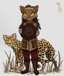  accessory anthro armor boots cheetah clothing duo felid feline female feral footwear fur hair_accessory hairband headgear helmet hi_res mammal nervous orange_sclera pith_helmet safari_shirt smile smiling_at_viewer standing tan_body tan_fur yaldabroth yellow_body yellow_fur yellow_sclera 