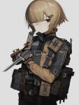  1girl :/ ammunition_pouch astg backpack bag bangs black_eyes black_jacket blonde_hair blunt_bangs bob_cut brown_jacket carabiner chest_harness closed_mouth combat_knife fingerless_gloves girls&#039;_frontline gloves hair_ornament hairclip half-closed_eyes harness heterochromia high_collar jacket knife long_sleeves looking_at_viewer looking_to_the_side mg338_(girls&#039;_frontline) mole mole_under_eye multicolored_clothes multicolored_jacket pouch sheath short_hair simple_background solo twitter_username two-tone_jacket upper_body weapon white_background white_eyes 