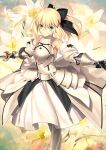  1girl ahoge armor armored_dress artoria_pendragon_(fate) bare_shoulders black_gloves black_ribbon blonde_hair breastplate caliburn_(fate) closed_mouth detached_sleeves dress eyes_visible_through_hair fate/grand_order fate_(series) feet_out_of_frame flower gauntlets gloves green_eyes hair_ribbon holding holding_sword holding_weapon lily_(flower) looking_at_viewer name_connection object_namesake official_art ponytail ribbon saber_lily sleeveless smile solo standing sword takeuchi_takashi third-party_source weapon white_dress white_flower white_lily white_sleeves 
